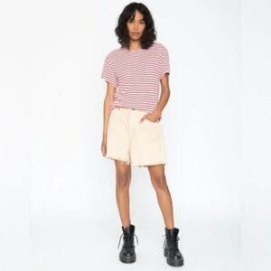 SANDRINE ROSE Slouchy Long Jean Shorts Cut Off Distressed Linen Jorts Sz 25 NWT